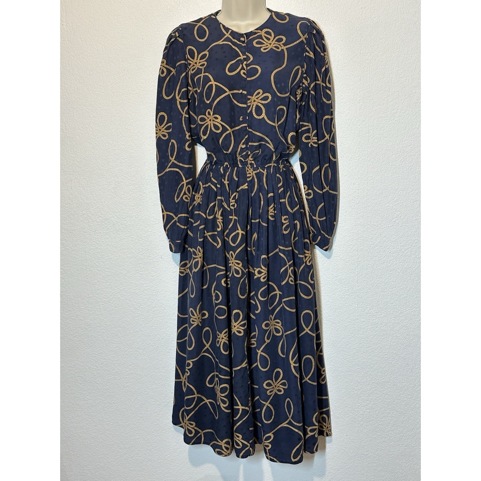 Vtg Maggy London Sz4 Silk Dress Long Sleeve Sheath Elastic Waist Blue W/Ropes